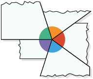 Ilustração com os 5 ângulos externos recortados do pentágono anterior. Essas partes estão encaixadas lado a lado, com um vértice em comum e os 5 ângulos formando um ângulo de 360 graus.