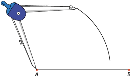 Ilustração de um compasso traçando um arco, com sua ponta seca no ponto A do segmento de reta que vai do ponto A ao ponto B.
