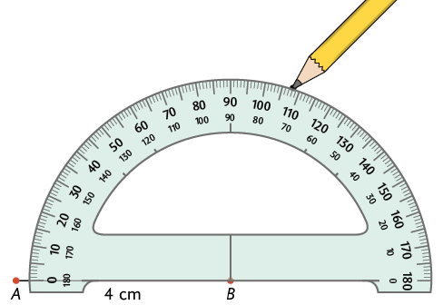 Ilustração de um transferidor de meia volta, com o ponto B no centro, e ponto A ao lado de 0, de forma que a semirreta A B passa por 0 e mede 4 centímetros. Há um lápis fazendo um ponto em cima do marco 108 do transferidor. 