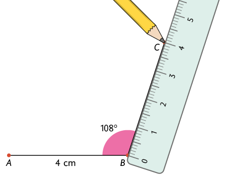 Ilustração de um segmento de reta A B, com 4 centímetros e há uma régua com o marco 0 posicionado no ponto B e marco 4 posicionado no ponto C, traçando um segmento de reta B C, que forma 108 graus com A B. 