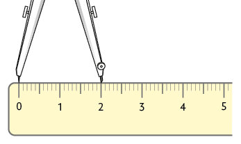 Ilustração de uma régua e um compasso com abertura correspondente a 2 centímetros. A ponta-seca está posicionada no marco 0 da régua e a outra ponta no marco 2.