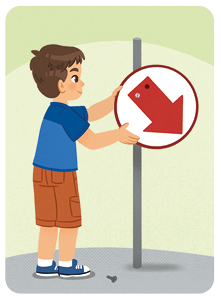 Ilustração de um menino girando em sentido anti-horário a placa anterior, em um poste.