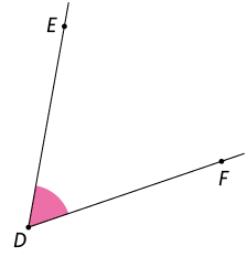Ilustração de um ângulo demarcado  entre duas semirretas de mesma origem D, uma possui o ponto E e outra possui o ponto F. Esse ângulo tem medida aproximada de 46 graus.