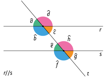 Ilustração de duas retas r e s, paralelas, cortadas por outra reta transversal t. Todos os ângulos estão demarcados. Entre t e r estão os seguintes ângulos: à direita de t e acima de r está o ângulo d; abaixo de r e à esquerda de t está o ângulo b. Acima de r e à esquerda de t está o ângulo a; e abaixo de r e à direita de t, o ângulo c. Entre t e s estão os seguintes ângulos: à direita de t e acima de s está o ângulo h; à esquerda de t e abaixo de s está o ângulo f; à esquerda de t e acima de s está o ângulo e; à direita de t e abaixo de s está o ângulo g. Abaixo dessa representação, há as letras r e s com duas barras entre elas.