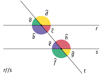 Ilustração de duas retas r e s, paralelas, cortadas por outra reta transversal t. Todos os ângulos estão demarcados. Entre t e r estão os seguintes ângulos: à direita de t e acima de r está o ângulo d; abaixo de r e à esquerda de t está o ângulo b. Acima de r e à esquerda de t está o ângulo a; e abaixo de r e à direita de t, o ângulo c. Entre t e s estão os seguintes ângulos: à direita de t e acima de s está o ângulo h; à esquerda de t e abaixo de s está o ângulo f; à esquerda de t e acima de s está o ângulo e; à direita de t e abaixo de s está o ângulo g. Abaixo dessa representação, há as letras r e s com duas barras entre elas.