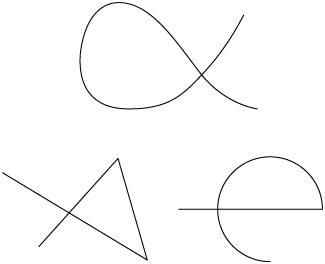 Ilustração de 3 figuras formadas por linhas finas e pretas que se cruzam e não se conectam.