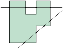 Ilustração de um polígono de 10 lados com duas reta, uma cruzando 4 de seus lados em 4 pontos e a outra também cruzando 4 de seus lados em 4 pontos.  
