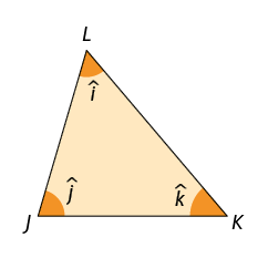 Ilustração de um triângulo de vértices J L K, com seus 3 ângulos internos demarcados: j minúsculo, i minúsculo, k minúsculo.