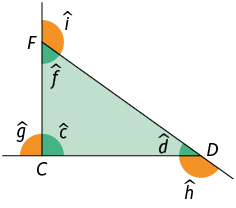 Ilustração de um triângulo C D F com ângulos internos c minúsculo, d minúsculo, f minúsculo. O ângulo externo e suplementar de c minúsculo é g minúsculo. O ângulo externo e suplementar de d minúsculo é h minúsculo. O ângulo externo e suplementar de f minúsculo é i minúsculo.
