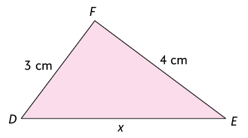 Ilustração de um triângulo D E F. As medidas de comprimentos dos lados são: lado D E é x; lado E F é 4 centímetros; e lado F D é 3 centímetros.