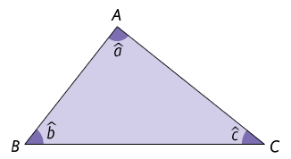 Ilustração de um triângulo A B C com ângulos internos a minúsculo, b minúsculo, c minúsculo, respectivamente.
