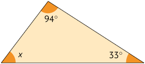 Ilustração de um triângulo com as seguintes medidas de seus ângulos internos: 94 graus; 33 graus; e x.