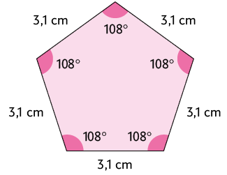 Ilustração de um pentágono com todos os lados demarcados e medindo 3,1 centímetros e os 5 ângulos internos medindo 108 graus.