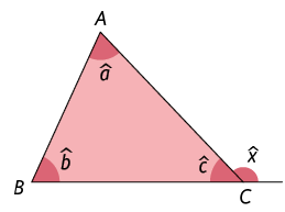 Ilustração de um triângulo de vértices A B C, com seus 3 ângulos internos demarcados: a, b, c. Há um prolongamento do lado B C e está demarcado o ângulo externo x, suplementar a c.