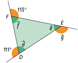 Ilustração de um triângulo D E F com ângulos internos d, e, f, respectivamente. O ângulo externo e suplementar ao d é 111 graus. O ângulo externo e suplementar ao e é g. O ângulo externo e suplementar ao f é 113 graus.