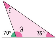 Ilustração de um triângulo com ângulos internos medindo c; d; 35 graus. O ângulo externo e suplementar ao d é 70 graus.