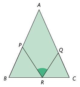 Ilustração de um triângulo de vértices A B C. Entre os vértices B e C há o ponto R, entre os vértices A e B, há o ponto P e entre os vértices A e C, há o ponto Q. Estão também demarcados os triângulos B P R, R Q C e o ângulo P R Q.