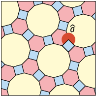 Ilustração de um mosaico formado por dodecágonos, hexágonos e quadrados regulares. Há demarcado um ângulo, a, que gira externamente todo o vértice do quadrado.