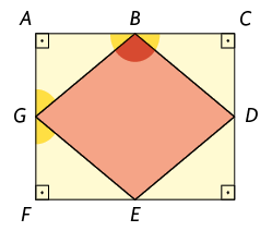 Ilustração de um retângulo A C, vértice não identificado, F. Internamente dentro do retângulo há um losango G B D E, com seus vértices nos lados do retângulo. O vértice G está entre F e A, o vértice B está entre A e C, o vértice D está entre C e o vértice não identificado, o vértice E está entre o ângulo não identificado e F. estão demarcados os ângulos G B D; A B G; C B D; B G A; F G E. 