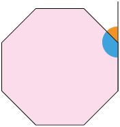 Ilustração de um octógono regular com um de seus ângulos internos demarcados e seu respectivo ângulo externo também demarcado.