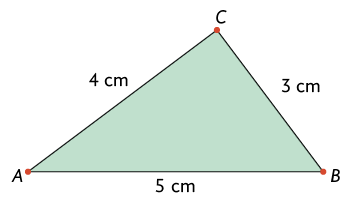 Ilustração de um triângulo A B C. As medidas de comprimentos dos lados são: lado A B é 5 centímetros; lado B C é 3 centímetros; e lado A C é 4 centímetros.