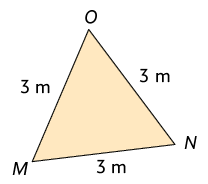 Ilustração de um triângulo M N O. As medidas de comprimentos dos lados são: lado M N é 3 metros; lado N O é 3 metros; e lado O M é 3 metros.