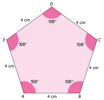 Ilustração de um pentágono de vértices A B C D E com ângulos internos demarcados. Os ângulos internos medem 108 graus e os lados medem 4 centímetros.