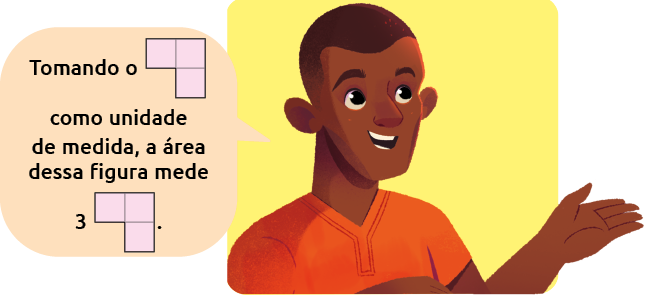 Ilustração de um homem dizendo: Tomando os 3 quadrados que formam um L como unidade de medida, a área dessa figura mede 3 de 3 quadrados com formato de L.