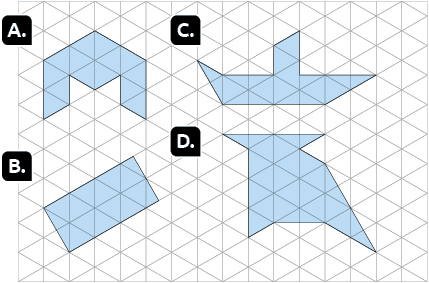 Ilustração de uma malha triangular com 4 figuras planas irregulares, formadas por triângulos pintados. A figura A possui 14 triângulos pintados, a figura B possui 14 triângulos pintados, a figura C possui 13,5 triângulos pintados e a figura D possui 22 triângulos pintados.