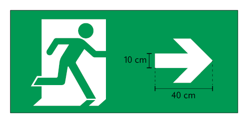 Ilustração de uma placa de saída de emergência, verde, composta por uma silhueta representando uma pessoa diante de uma porta e uma seta ao lado. Está indicado que a largura do retângulo central da seta é 10 centímetros e o comprimento total dela é 40 centímetros.