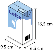 Ilustração de uma embalagem no formato de paralelepípedo reto retângulo com a informação literal 'leite' e as demarcações: 16,5 centímetros de altura, 9,5 centímetros de comprimento e 6,3 centímetros de largura.