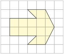 Ilustração de uma malha quadriculada com uma figura plana irregular, no formato de uma flecha, formada por, no total, 13 quadradinhos inteiros pintados.