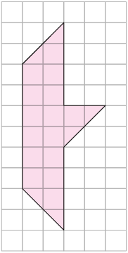 Ilustração de uma malha quadriculada com uma figura plana irregular, no formato de um barquinho, formada por, no total, 18 quadradinhos inteiros pintados.