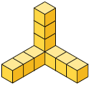 Ilustração de uma pilha de cubos, formando uma quina, com 4 cubos de altura, 4 cubos de comprimento e 4 cubos de largura.