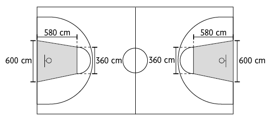 Ilustração de uma quadra de basquete, vista de cima, com os garrafões em formato de trapézios. Há as indicações que esses trapézios medem: 600 centímetros de base maior, 360 centímetros de base menor e 580 centímetros de altura.