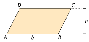 Ilustração de um paralelogramo de vértices, em sentido horário, A, D, C, B. Está demarcada, externamente, sua altura e a medida b do lado entre os vértices A e B.