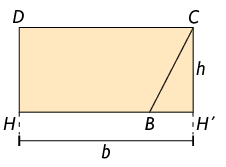 Ilustração do retângulo com vértices, em sentido horário, H, D, C, H linha. Há a demarcação que a medida entre os vértices C e H linha mede h minúsculo e a distância entre H e H linha mede b minúsculo. Há um ponto B entre H e H linha, formando o triângulo B C H linha.