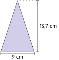 Ilustração de um triângulo, com a base medindo 9 centímetros e a altura medindo 13,7 centímetros.