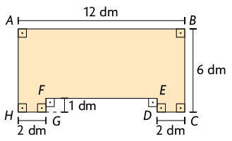 Ilustração de uma figura de vértices, em sentido horário, H, A, B, C, D, E, F, G. Há indicações de suas medidas, o segmento de reta AB mede 12 decímetros, o segmento de reta BC mede 6 decímetros, o segmento de reta CD mede 2 decímetros, o segmento de reta FG mede 1 decímetro e o segmento de reta GH mede 2 decímetros.