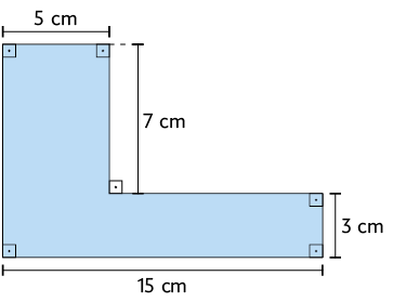 Ilustração de um polígono composto por 2 retângulos. Um retângulo possui 7 centímetros de comprimento e 5 centímetros de largura e o outro retângulo possui 15 centímetros de comprimento e 3 centímetros de largura.
