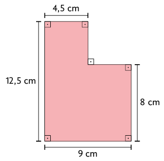 Ilustração de um polígono composto por 2 retângulos. Um retângulo possui 8 centímetros de comprimento e 4,5 centímetros de largura e o outro retângulo possui 12,5 centímetros de comprimento e 4,5 centímetros de largura.