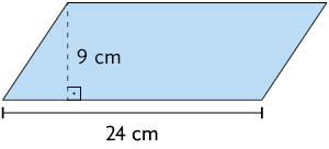 Ilustração de um paralelogramo com medida de comprimento da base de 24 centímetros e altura de 9 centímetros.