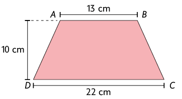 Ilustração de um trapézio ABCD com as medidas: base menor, 13 centímetros; base maior, 22 centímetros; altura, 10 centímetros.