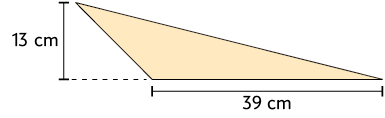 Ilustração de um triângulo, com a base medindo 39 centímetros e a altura, externa, medindo 13 centímetros.