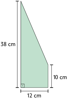 Ilustração de um trapézio, com a base maior medindo 38 centímetros, base menor medindo 10 centímetros e a altura medindo 12 centímetros.