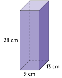 Ilustração de um paralelepípedo reto retângulo, com as dimensões: 28 centímetros de altura, 13 centímetros de comprimento e 9 centímetros de largura.