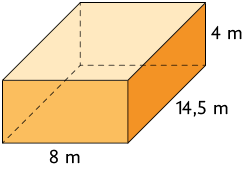 Ilustração de um paralelepípedo reto retângulo, com as dimensões: 4 metros de altura, 14,5 metros de comprimento e 8 metros de largura.