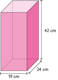 Ilustração de um paralelepípedo reto retângulo, com as dimensões: 42 centímetros de altura, 24 centímetros de comprimento e 19 centímetros de largura.