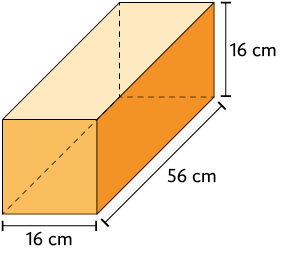 Ilustração de um paralelepípedo reto retângulo, com as dimensões: 16 centímetros de altura, 56 centímetros de comprimento e 16 centímetros de largura.