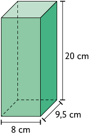 Ilustração de um paralelepípedo reto retângulo, com as dimensões: 20 centímetros de altura, 9,5 centímetros de comprimento e 8 centímetros de largura.